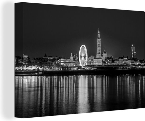 Canvas Schilderij Skyline van Antwerpen 's nachts - zwart wit - Wanddecoratie