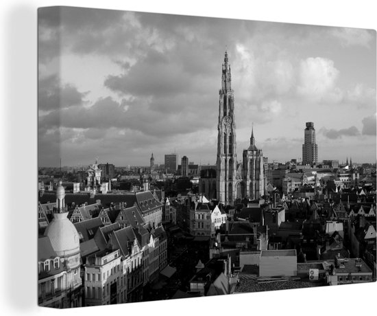 Canvas Schilderij Uitzicht op Antwerpen en de kathedraal - zwart wit - Wanddecoratie