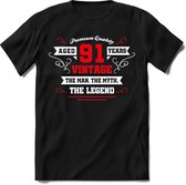 91 Jaar Legend - Feest kado T-Shirt Heren / Dames - Wit / Rood - Perfect Verjaardag Cadeau Shirt - grappige Spreuken, Zinnen en Teksten. Maat 3XL