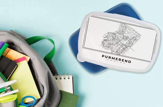Breadbox Blauw - Lunchbox - Breadbox - Plan de la ville - Zwart Wit - Carte - Purmerend - Pays- Nederland - Carte - 18x12x6 cm - Enfants - Garçon
