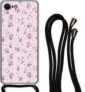 Hoesje met koord Geschikt voor iPhone 8 - Hond - Roze - Patronen - Paars - Meisjes - Kinderen - Kids - Siliconen - Crossbody - Backcover met Koord - Telefoonhoesje met koord - Hoesje met touw