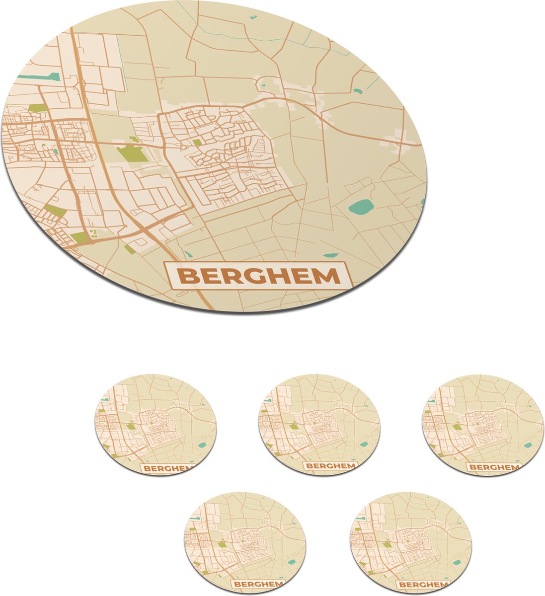 Onderzetters voor glazen - Rond - Berghem - Kaart - Plattegrond - Stadskaart - Nederland - 10x10 cm - Glasonderzetters - 6 stuks