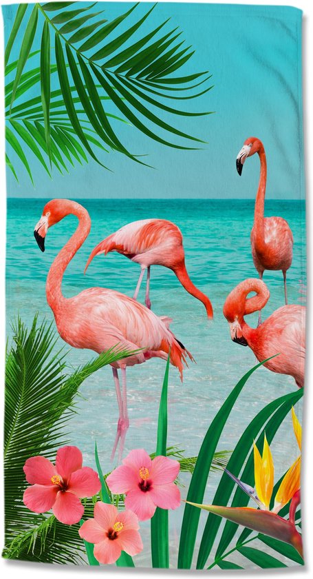 Strandlaken Good Morning Poly Velours nr.6422 - Multi - 100x180cm - Flamingo Maat: 100x180cm