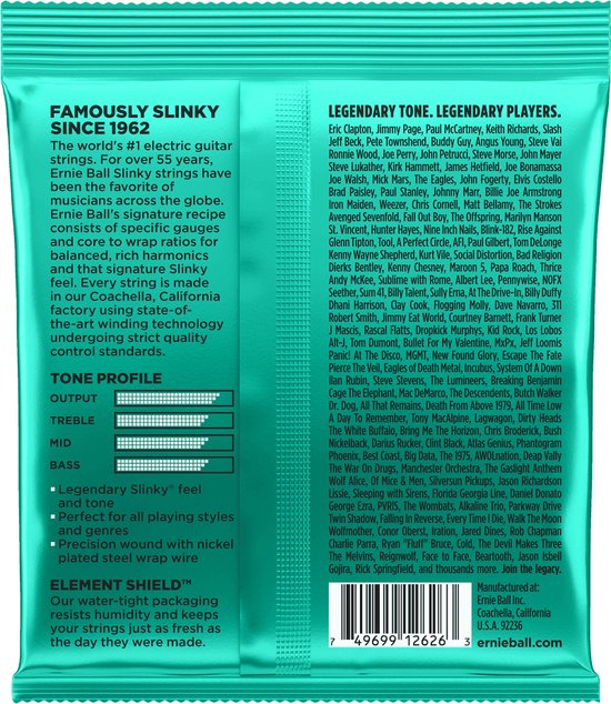 Achterkant van Ernie Ball gitaarsnaarverpakking met informatie over "Legendary Tone. Legendary Players.", "Tone Profile" en "Element Shield."