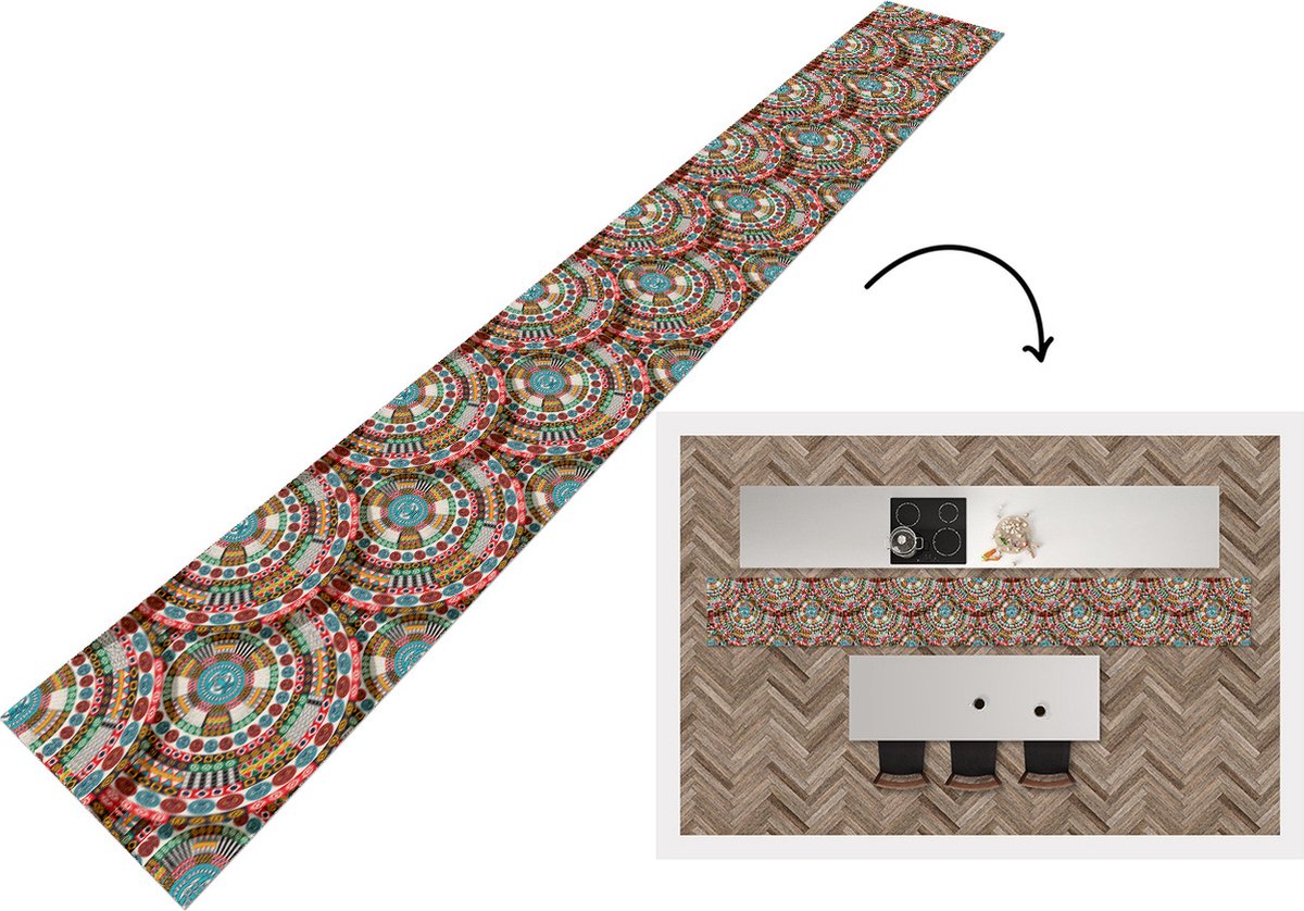 KitchenYeah Keukenloper - Keukenmat - Tegel - Azteken - Cirkels - Patronen - 400x50 cm - Keuken vloerkleed Multicolor