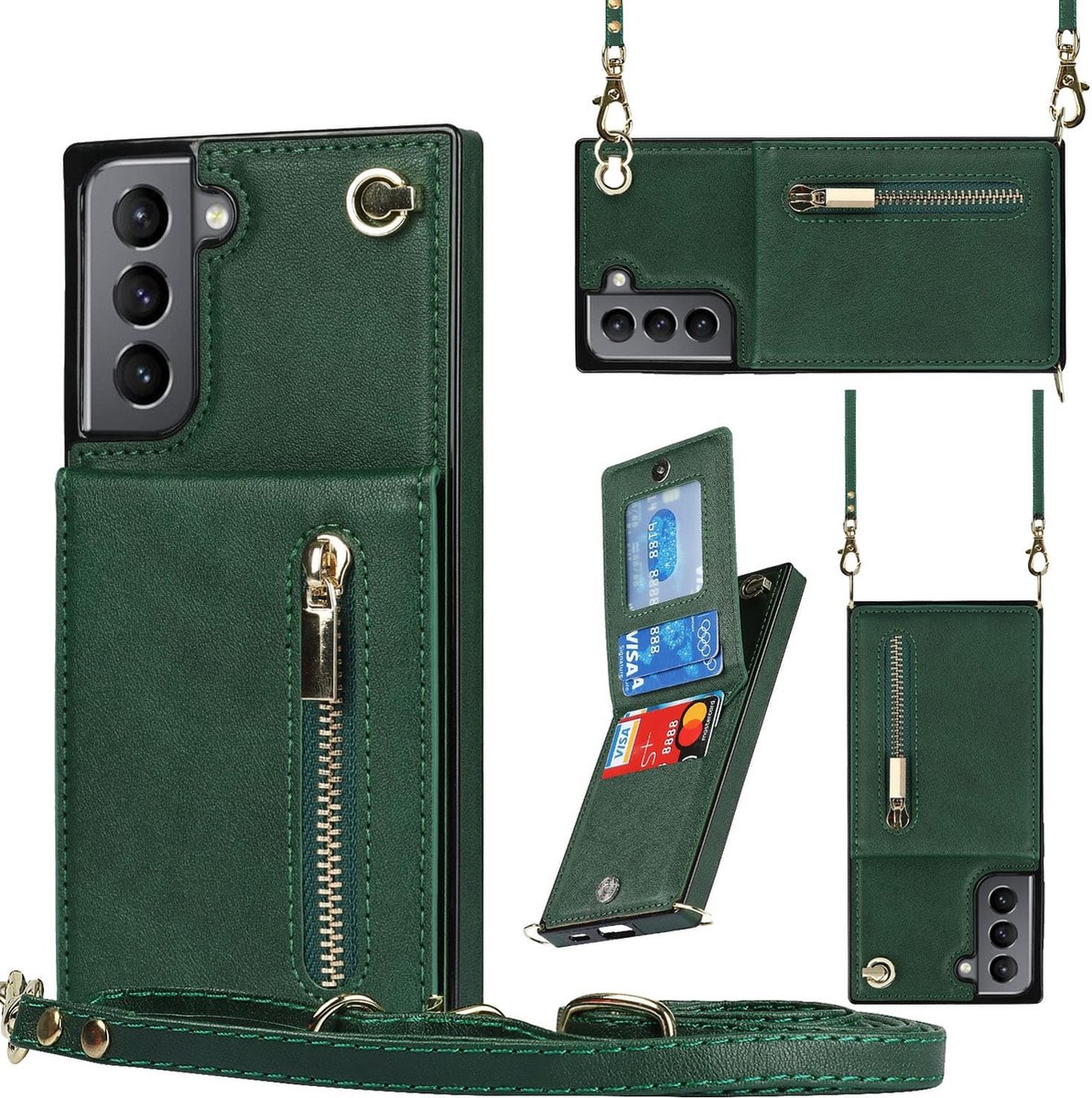 Wallet hoesje met koord geschikt voor Samsung S21 FE - Groen
