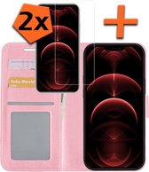 iPhone 13 Pro Hoesje Bookcase Met 2x Screenprotector - iPhone 13 Pro Screenprotector 2x - iPhone 13 Pro Book Case Met 2x Screenprotector Licht Roze