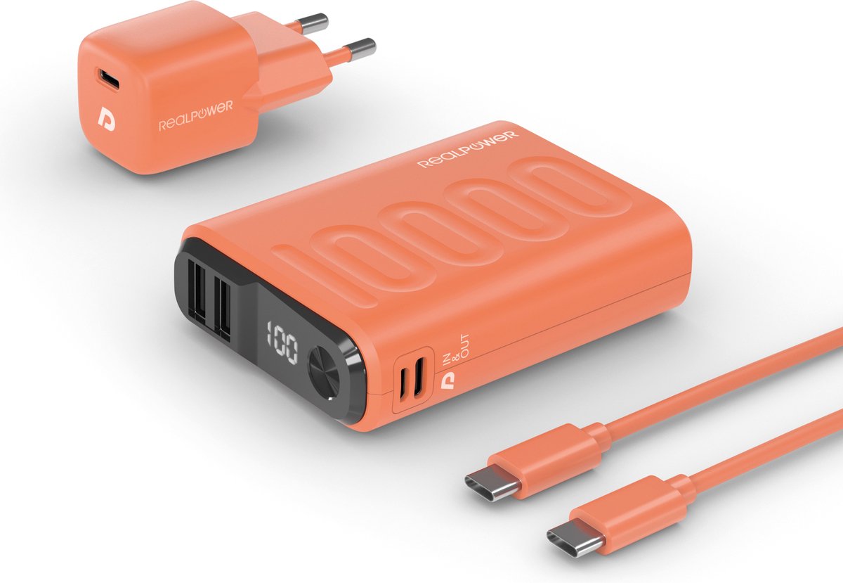 RealPower PB-10000 PD+ Powerpack - compacte 10.000 mAh powerbank - 1 x USB-C PD fast charge 2 x USB-A - nano USB-C PD 20W wandlader - USB-C naar USB-C kabel - Oranje