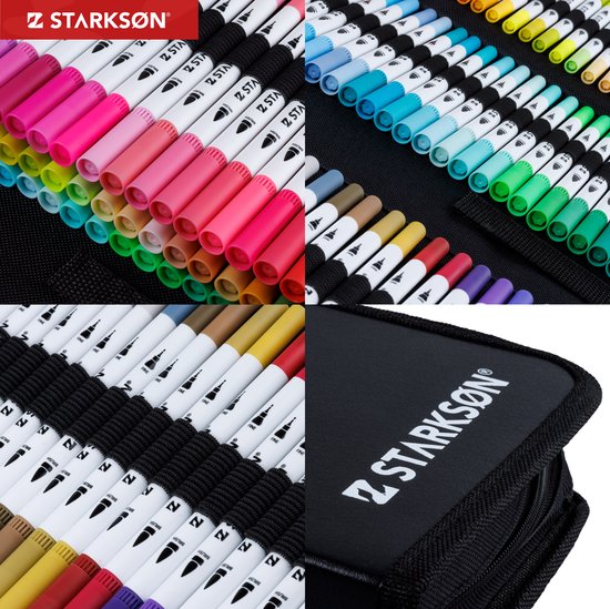 Collage van markers in een etui, met close-ups van de doppen en het STARKSØN logo.