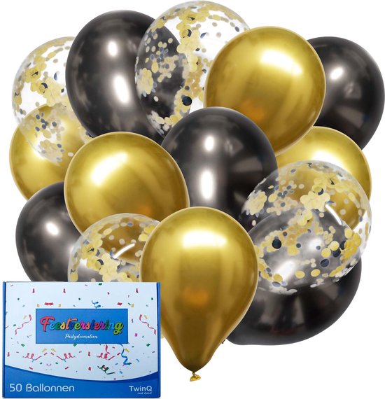 TwinQ 50x Papieren Confetti & Latex Helium Ballonnen - Verjaardag Bruiloft Versiering - Abraham Sarah - Verjaardag Feest Versiering - Ballonnenboog Decoratie - Zwart en Goud