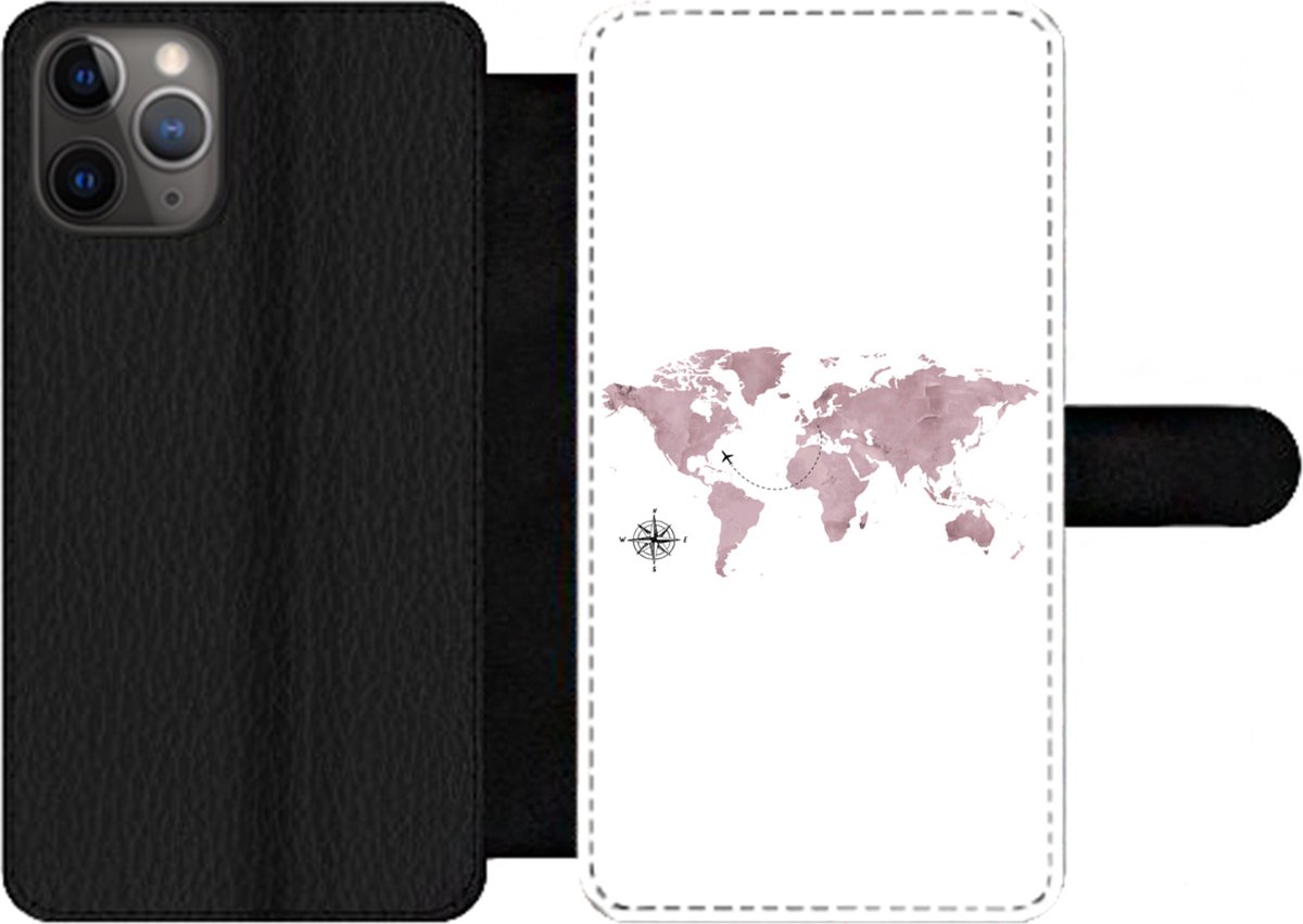 Telefoonhoesje Geschikt voor iPhone 11 Pro Max telefoonhoesje - Wereldkaart - Roze - Vliegtuig - Met vakjes - Wallet case met magneetsluiting