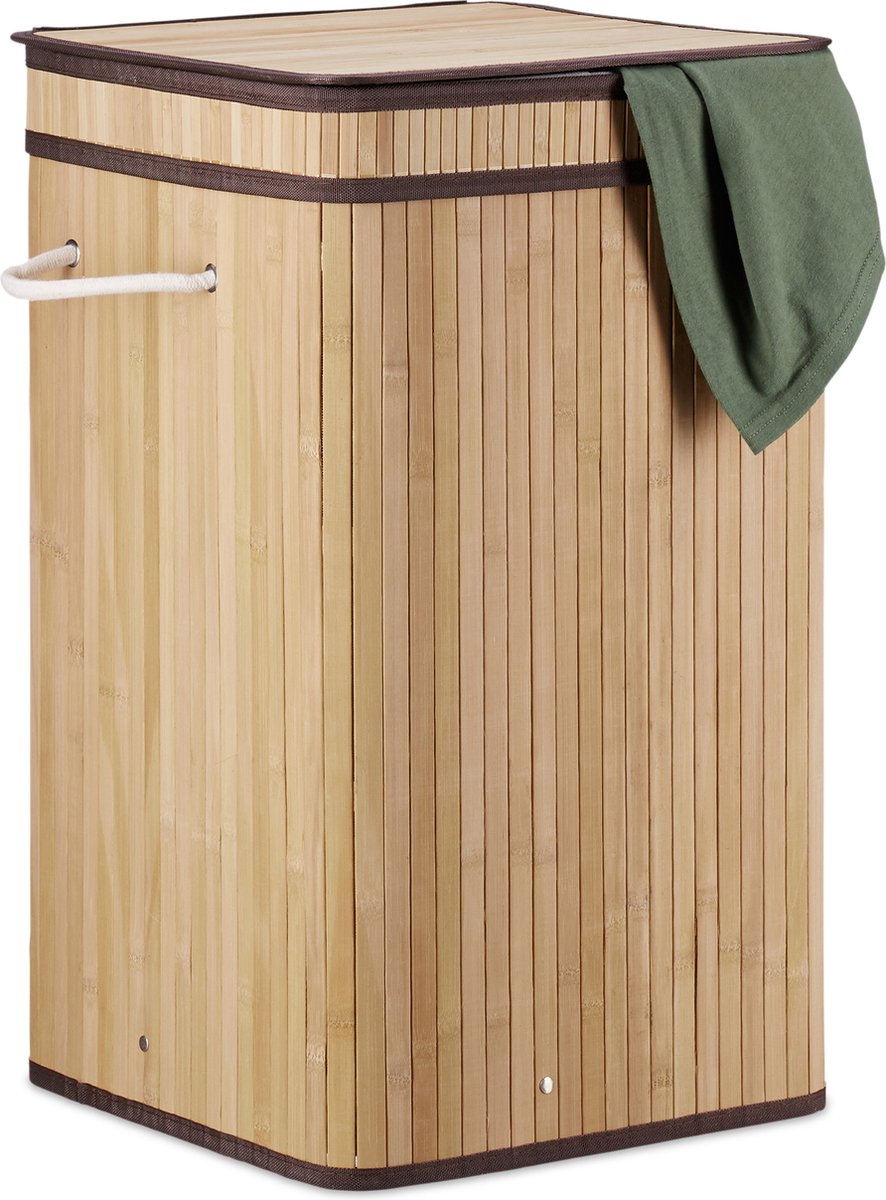 Relaxdays 1x wasmand bamboe - wasbox opvouwbaar - 70L - vierkant - 63x36x36 cm - natuur