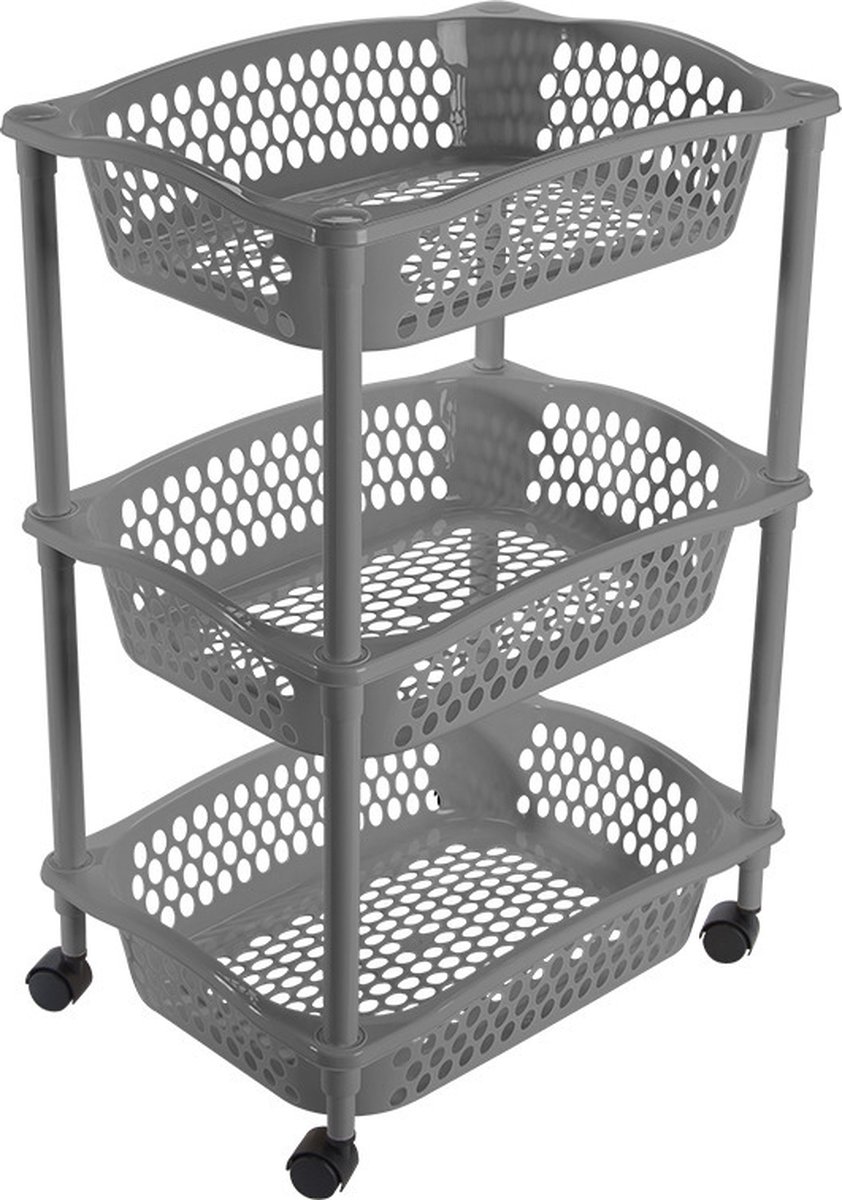 Keuken/kamer opberg trolleys/roltafels met 3 manden 62 x 41 cm donkergrijs - Etagewagentje met opbergkratten