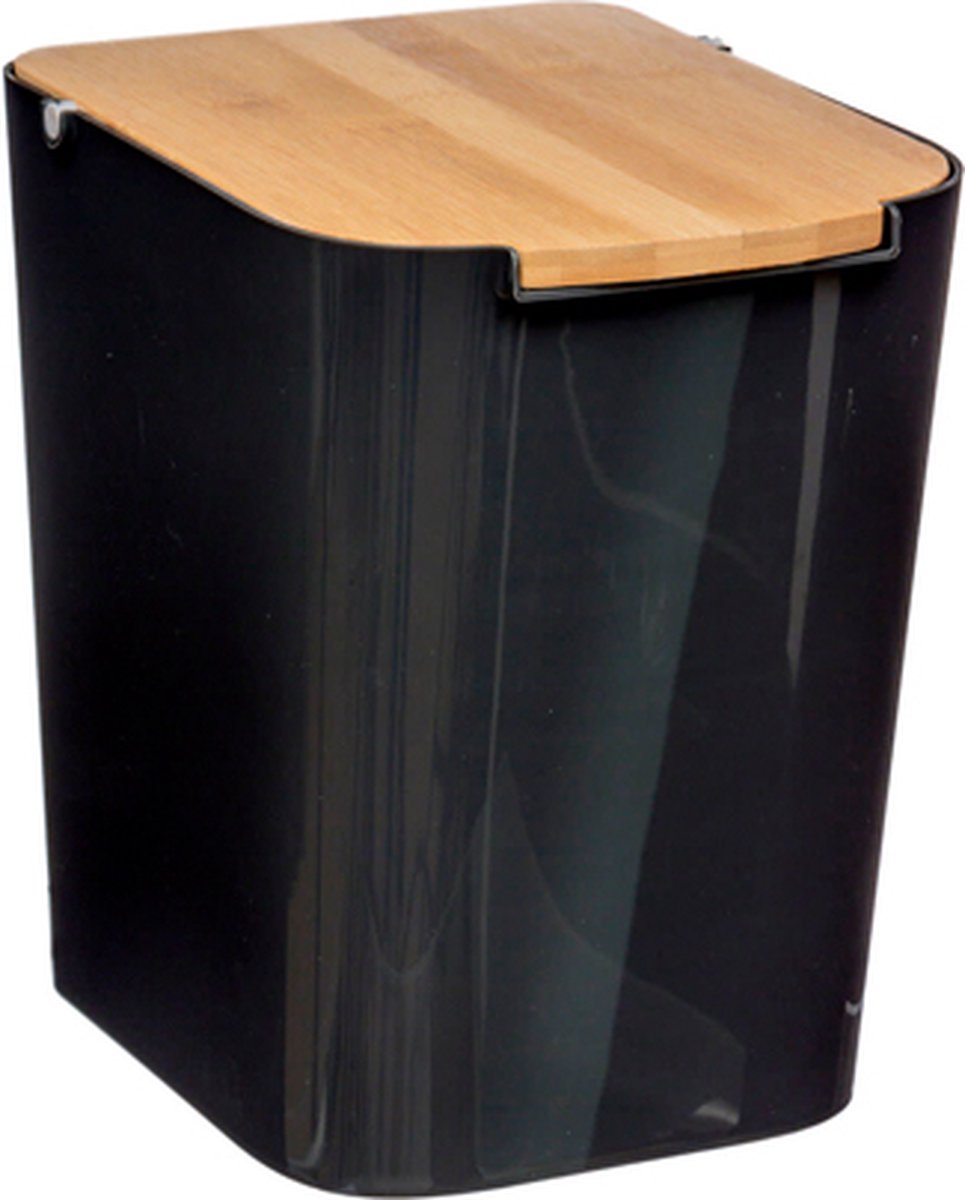 Goedkoopste 5Five prullenbak/vuilnisbak - 5 liter - bamboe - zwart/lichtbruin - 24 x 19 cm - badkamer afvalbak