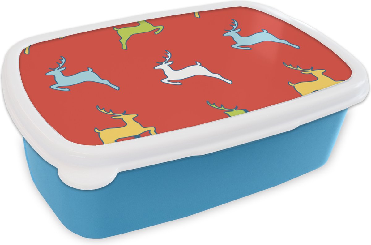Broodtrommel Blauw - Lunchbox - Brooddoos - Patroon - Hert - Rood - 18x12x6 cm - Kinderen - Jongen