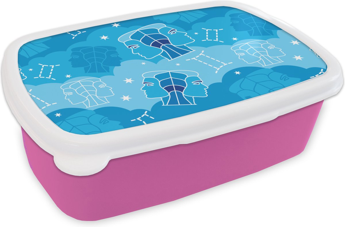 Broodtrommel Roze - Lunchbox - Brooddoos - Zodiac - Tweeling - Design - 18x12x6 cm - Kinderen - Meisje