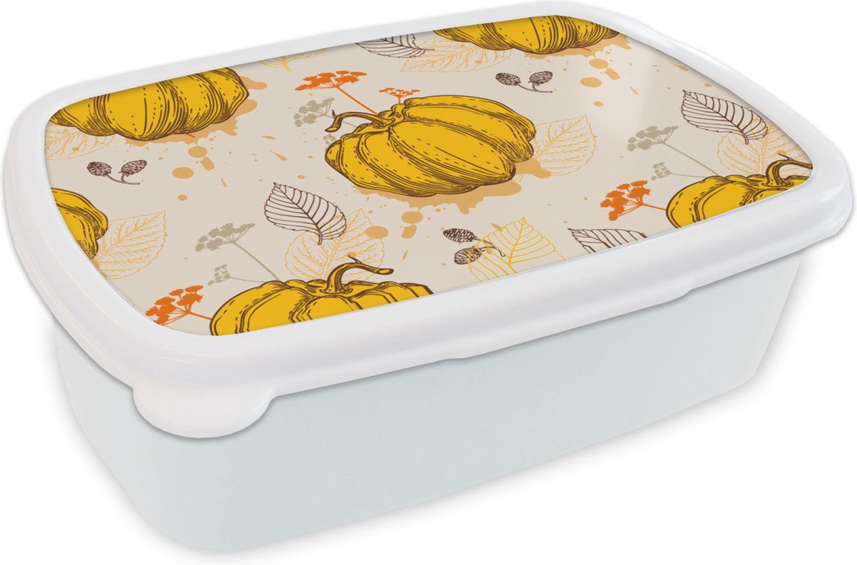 Broodtrommel Wit - Lunchbox - Brooddoos - Pompoen - Herfst - Patronen - 18x12x6 cm - Volwassenen