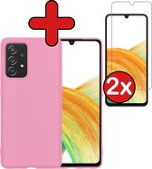 Samsung Galaxy A33 Hoesje Siliconen Case Cover Met 2x Screenprotector - Samsung Galaxy A33 Hoesje Cover Hoes Siliconen Met 2x Screenprotector - Licht Roze