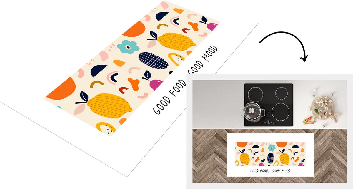 KitchenYeah Keukenloper - Loper keuken - Spreuken - Eten - Good food, good mood - Quotes - 120x60 cm - Keukenloper vinyl Multicolor