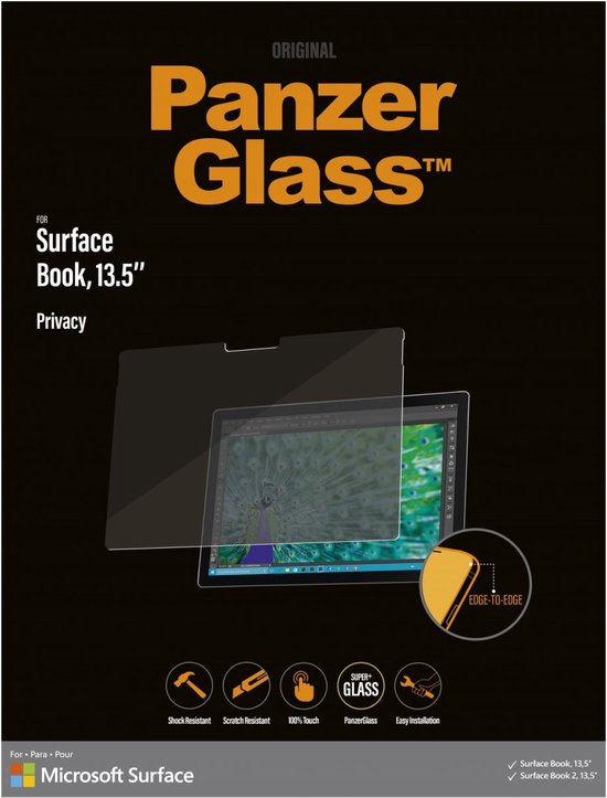 Privacy screenprotector voor Surface Book, 13.5 inch. Laat een afbeelding zien van een pauw op het scherm.