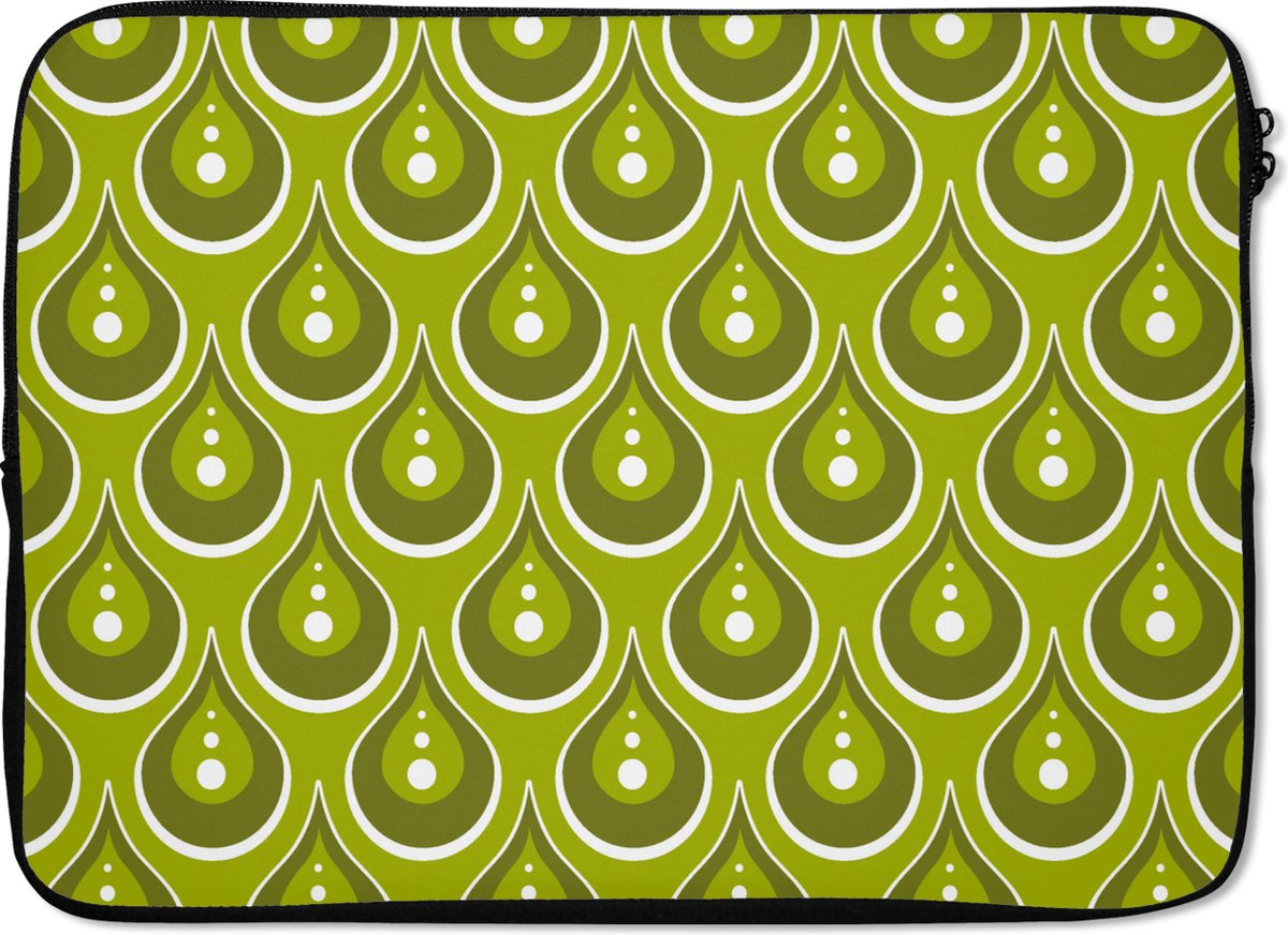 Laptophoes 14 inch - Patronen - Retro - Regen - Druppel - Groen - Laptop sleeve - Binnenmaat 33x23 cm - Zwarte achterkant
