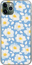 Geschikt voor iPhone 11 Pro Max hoesje - Meiden - Bloemen - Blauw - Patronen - Girl - Kids - Kinderen - Kind - Siliconen Telefoonhoesje