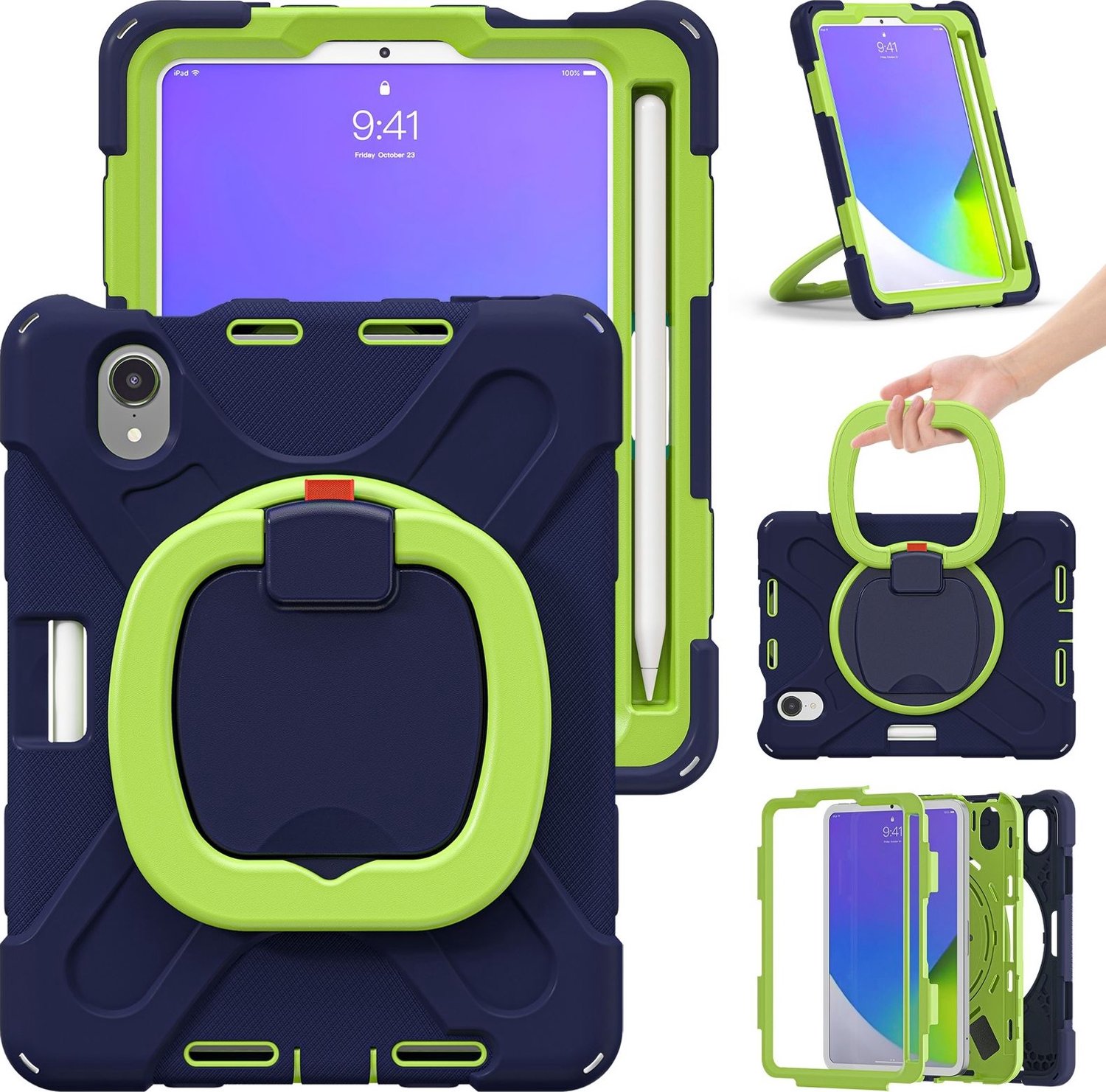 Mobigear RingGuard Tablethoes geschikt voor Apple iPad Mini 6 (2021) Hardcase Backcover + Stylus Houder + Schouderband + Standaard - Blauw / Groen
