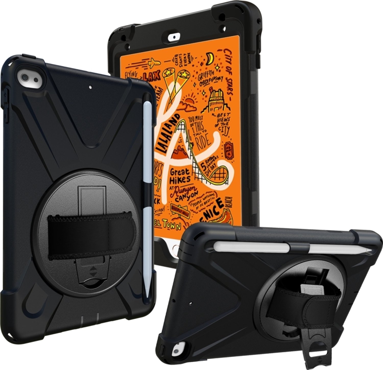 Mobigear SureGrip XGuard Tablethoes geschikt voor Apple iPad Mini 5 (2019) Hardcase Backcover + Stylus Houder + Schouderband + Standaard - Zwart