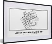 Fotolijst incl. Poster Zwart Wit- Plattegrond – Amsterdam Zuidoost – Zwart Wit – Stadskaart - Kaart - 60x40 cm - Posterlijst