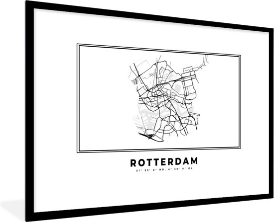 Fotolijst incl. Poster Zwart Wit- Plattegrond – Rotterdam – Zwart Wit – Stadskaart - Kaart - Nederland - 90x60 cm - Posterlijst