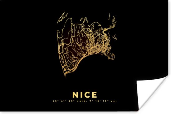 Poster Nice – Frankrijk - Goud - Kaart – Stadskaart – Plattegrond - 180x120 cm XXL