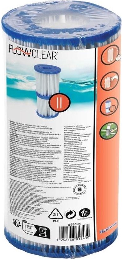 Verpakking van Bestway Flowclear zwembadfilter, type II, met productinformatie.