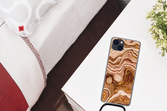 Coque avec cordon iPhone 13 - Marbre - Doré - Motifs - Siliconen - Bandoulière - Coque arrière avec cordon - Coque pour téléphone avec cordon - Coque avec corde