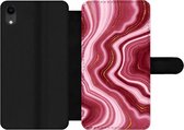 Bookcase Geschikt voor iPhone XR telefoonhoesje - Marmer print - Roze - Rood - Met vakjes - Wallet case met magneetsluiting