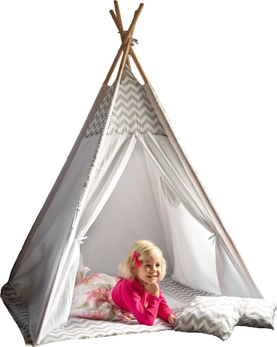 P&M Tipi Speeltent - Met Grondkleed & Kussens - Tent voor kinderen - Grijs-Wit