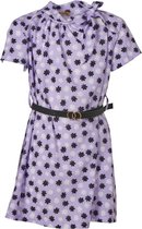 Meisjes bloemenprint jurk korte mouwen met striksluiting aan de hals en riem - paars | Maat 128/ 8Y (valt als 116/6Y)