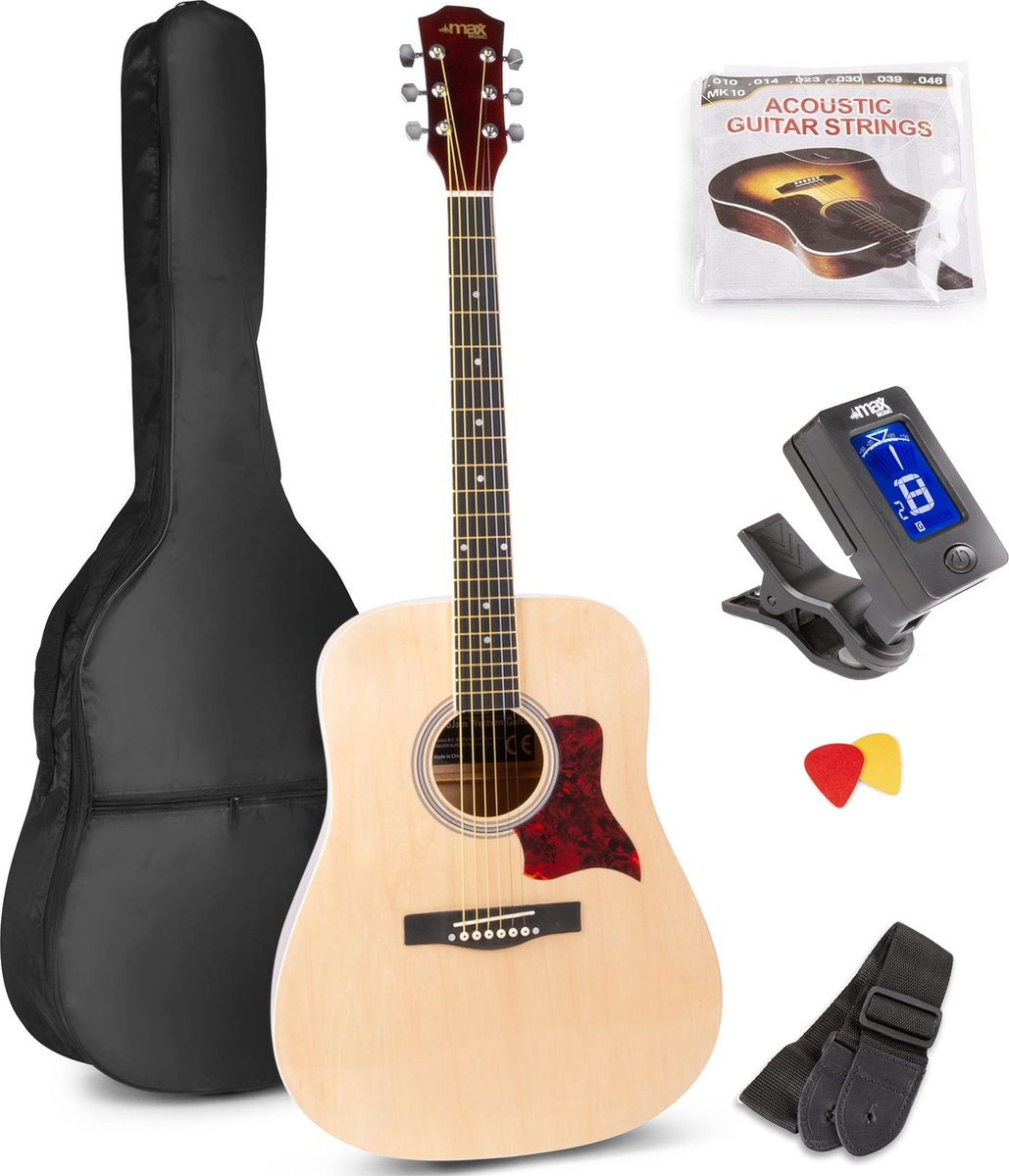 Akoestische gitaar voor beginners - MAX SoloJam Western gitaar - incl. gitaar stemapparaat, gitaartas en 2x plectrum - Naturel (hout)