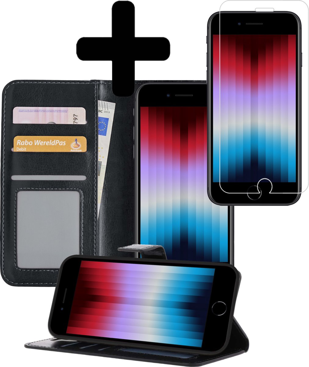 iPhone SE 2022 Hoesje Book Case Hoes Met Screenprotector - iPhone SE 2022 Case Wallet Cover - iPhone SE 2022 Hoesje Met Screenprotector - Zwart