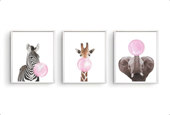 Peinture Sur Toile Set 3 Zebra Girafe Elephant Rose Avec Bubble Gum Enfants Chambre Bol Com