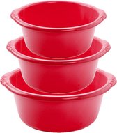 Voordeelset multifunctionele kunststof ronde teiltjes rood in 3-formaten - 10-15-20 liter inhoud