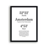 Schilderij  Steden Amsterdam met graden positie en tekst - Minimalistisch / Motivatie / Teksten / 50x40cm