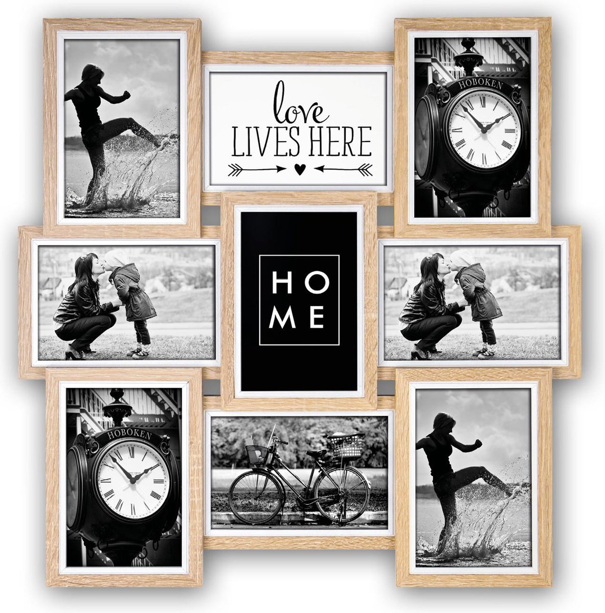 Zep Multi fotolijst - Multi - houten frame - naturel/wit - 9 lijstjes - 46 x 46 x 3 cm