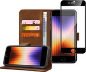 iPhone SE 2022 Book Case Hoesje - iPhone SE 2022 Screenprotector - Flip Portemonnee Bruin met Full Cover Gehard Glas