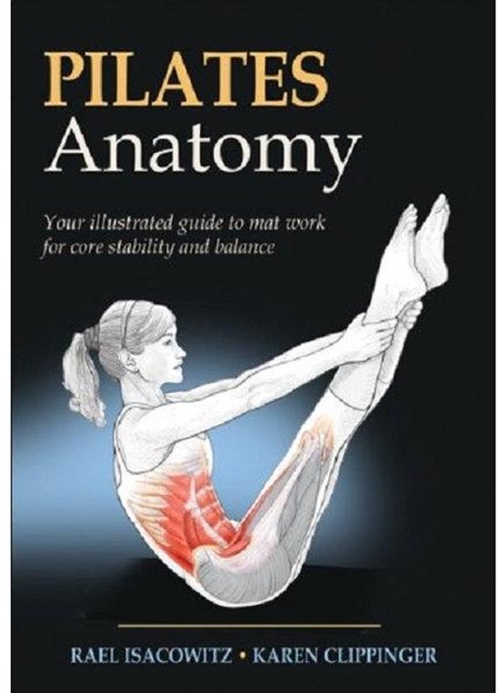 Boekomslag van Pilates Anatomy met een illustratie van een vrouw in de rolhouding, met anatomische spierdetails.