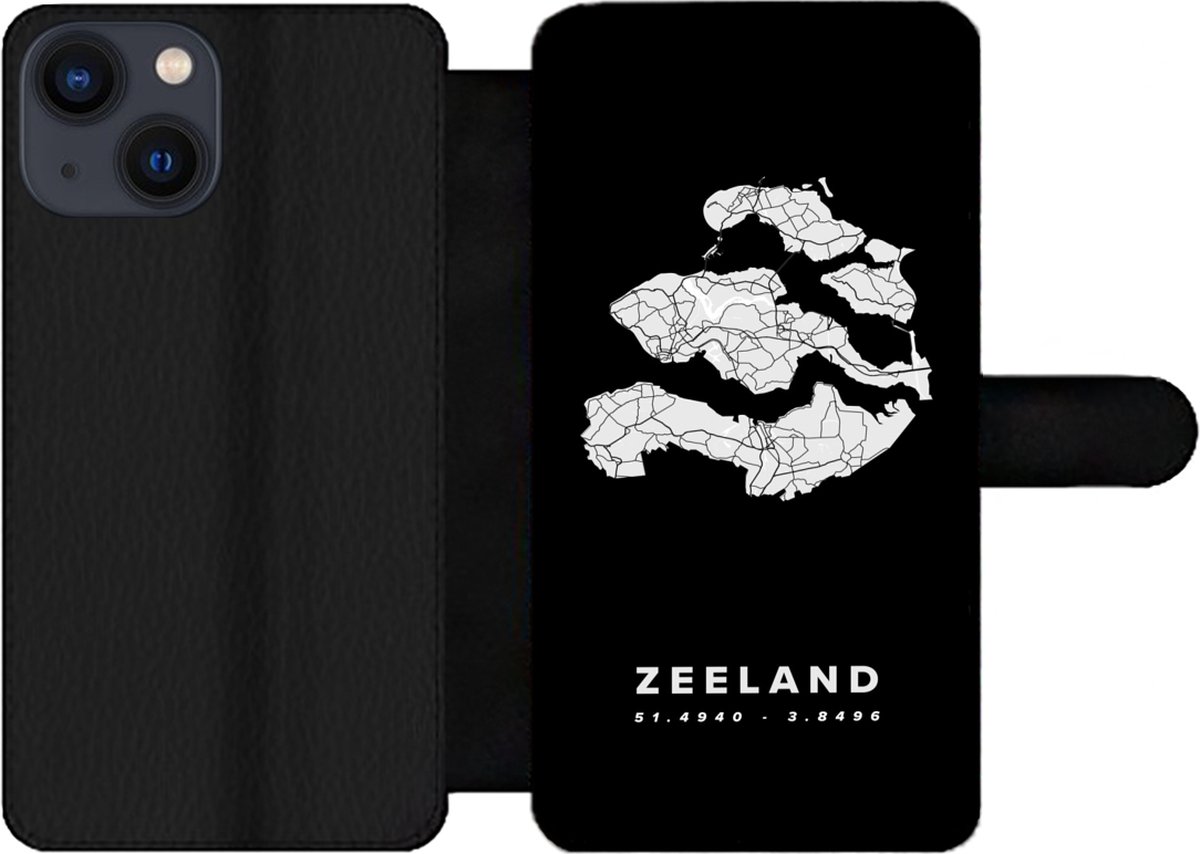 Telefoonhoesje Geschikt voor iPhone 13 Mini telefoonhoesje - Zeeland - Wegenkaart Nederland - Zwart - Met vakjes - Wallet case met magneetsluiting