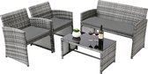 Luxiqo® 4-Delige Tuinset – Loungeset – Balkonset – Tuinmeubelset – Terrastafel – Tuintafel met Bank en 2 Stoelen – Rotan - Glazen Tafelblad – Grijs