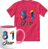 81 Jaar Vrolijke Verjaadag T-shirt met mok giftset Roze | Verjaardag cadeau pakket set | Grappig feest shirt Heren – Dames – Unisex kleding | Koffie en thee mok | Maat L