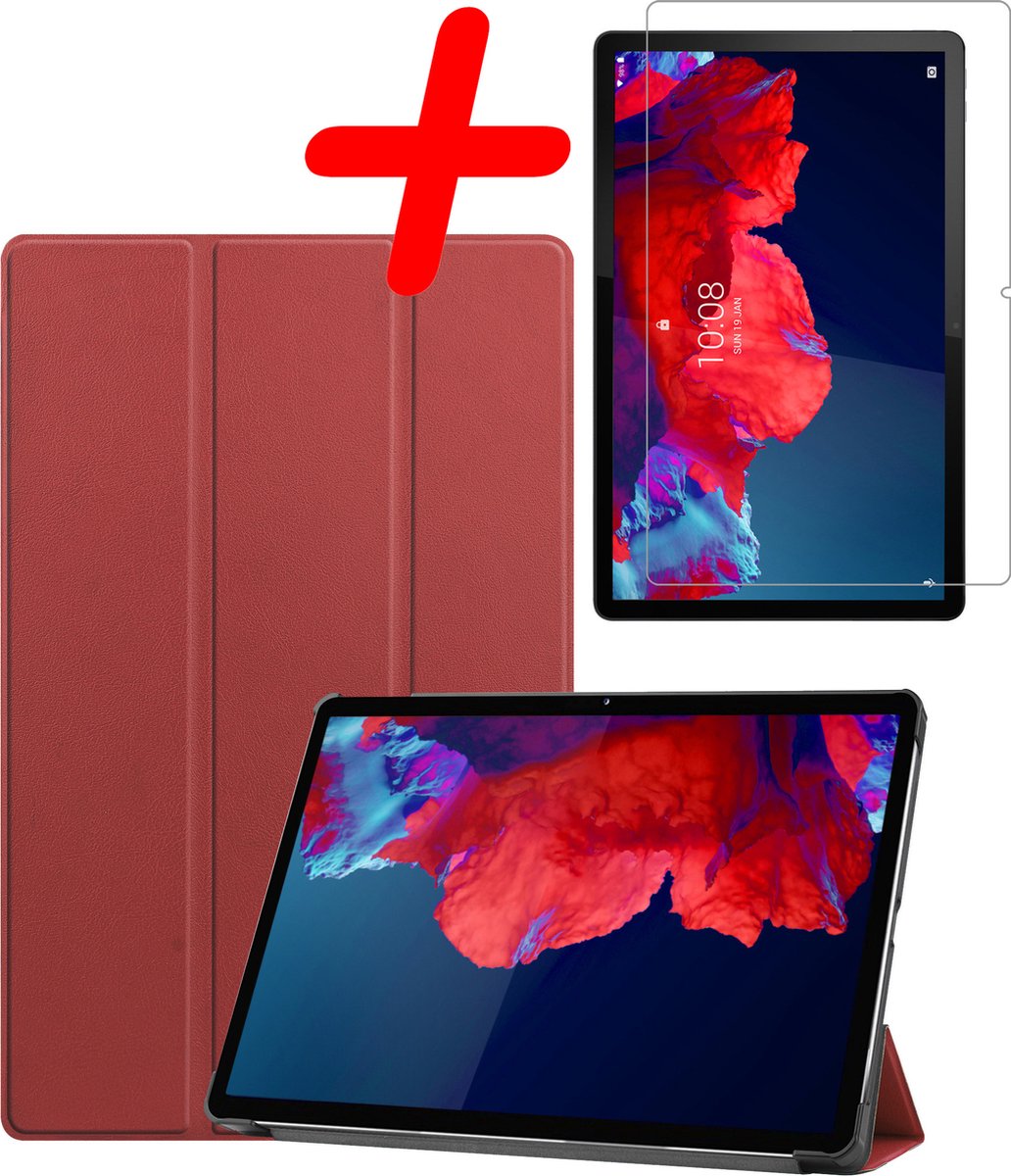 Hoesje Geschikt voor Lenovo Tab P11 - Met Screenprotector - Trifold Bookcase - Hard Cover - Hardcover Book Case - Tablet Hoes - Donkerrood