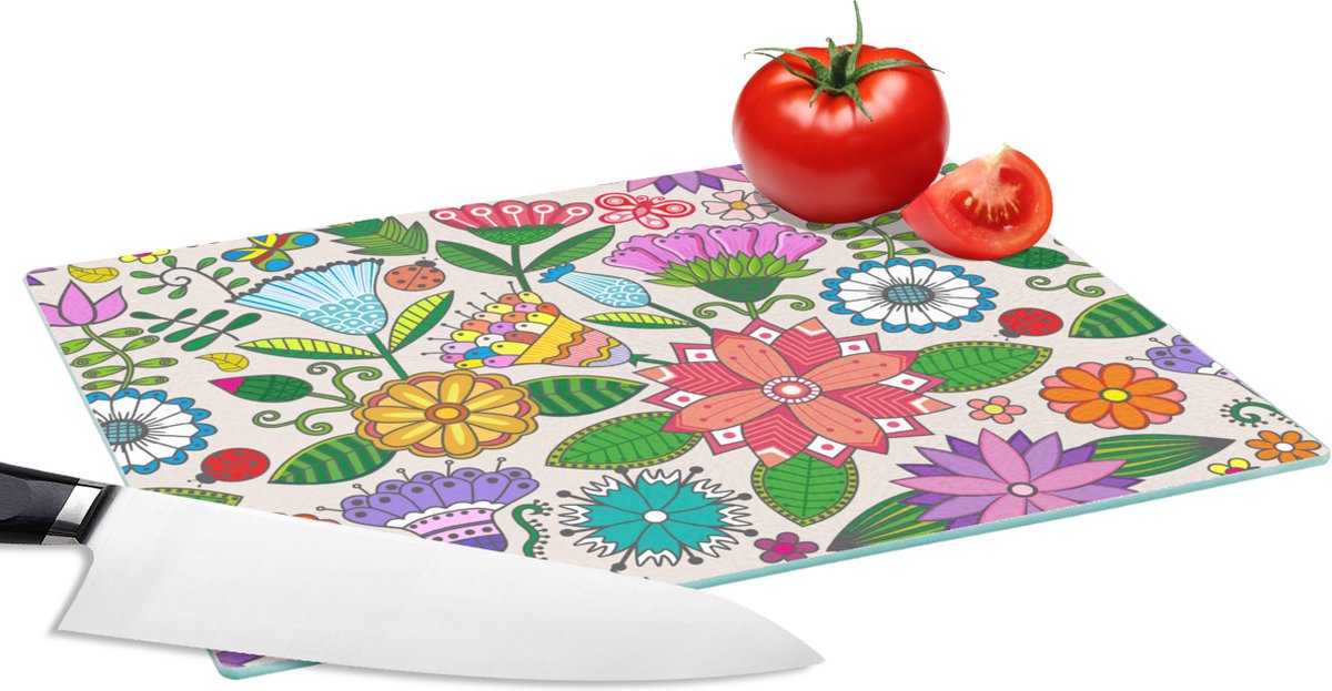 Glazen Snijplank - 28x20 - Bloemen - Regenboog - Vlinder - Design - Snijplanken Glas