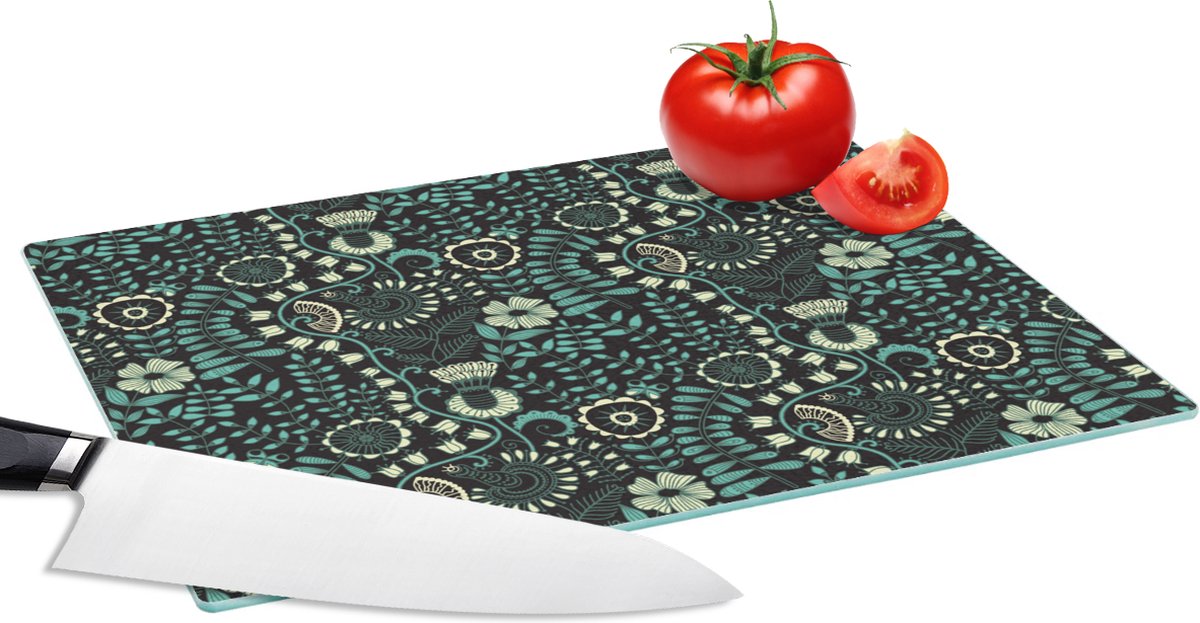 Glazen Snijplank - 28x20 - Bloemen - Blauw - Patroon - Snijplanken Glas